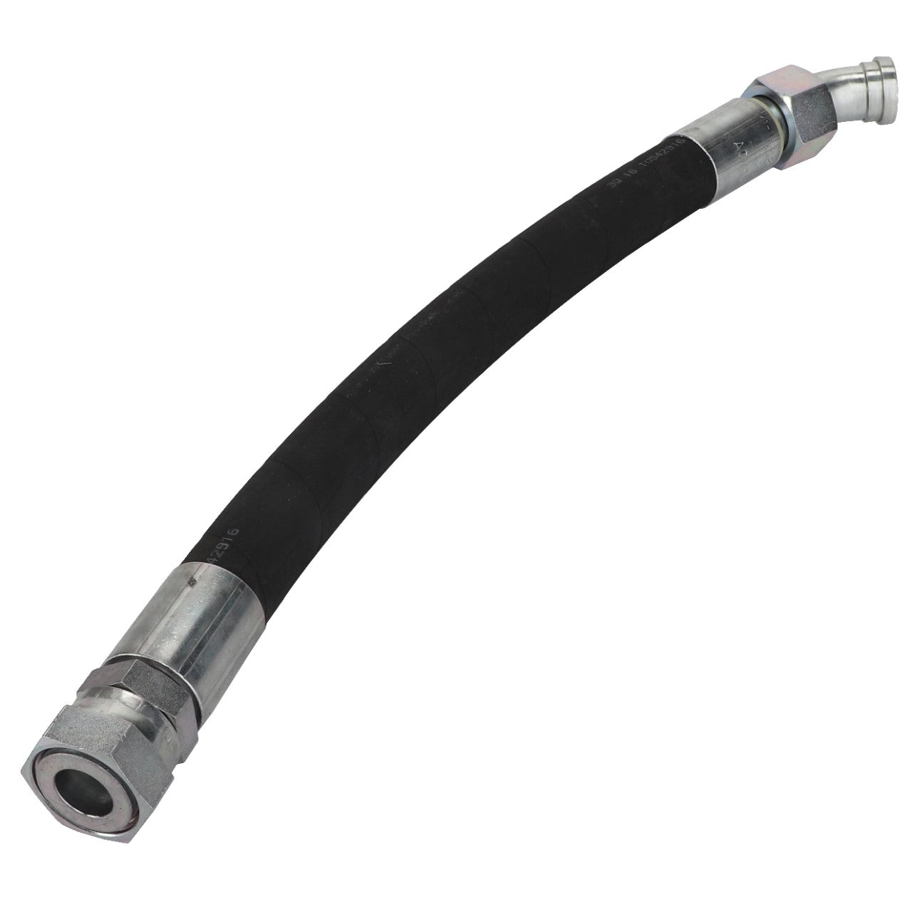 An AGCO Hydraulic Hose - Acw1542160, a flexible black rubber hose with metallic connectors on both ends. No current product description information is available.