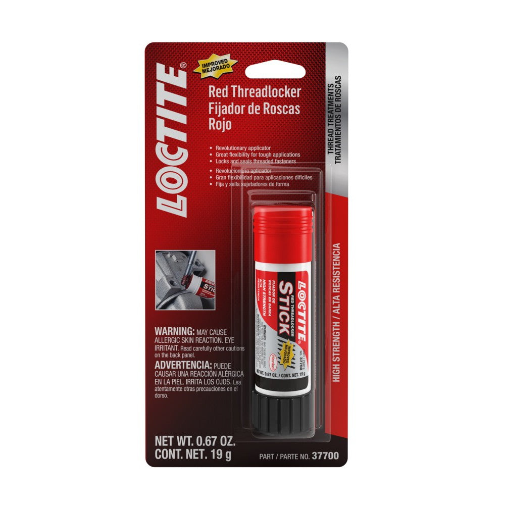 A packaged tube of AGCO | Loctite® Red Stick Threadlocker, weighing 19 grams (0.67 oz), with no current product description available, but the package highlights its high strength and enclosed applicator (US Only - ACP0039270).