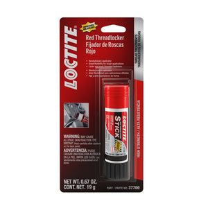 A packaged tube of AGCO | Loctite® Red Stick Threadlocker, weighing 19 grams (0.67 oz), with no current product description available, but the package highlights its high strength and enclosed applicator (US Only - ACP0039270).