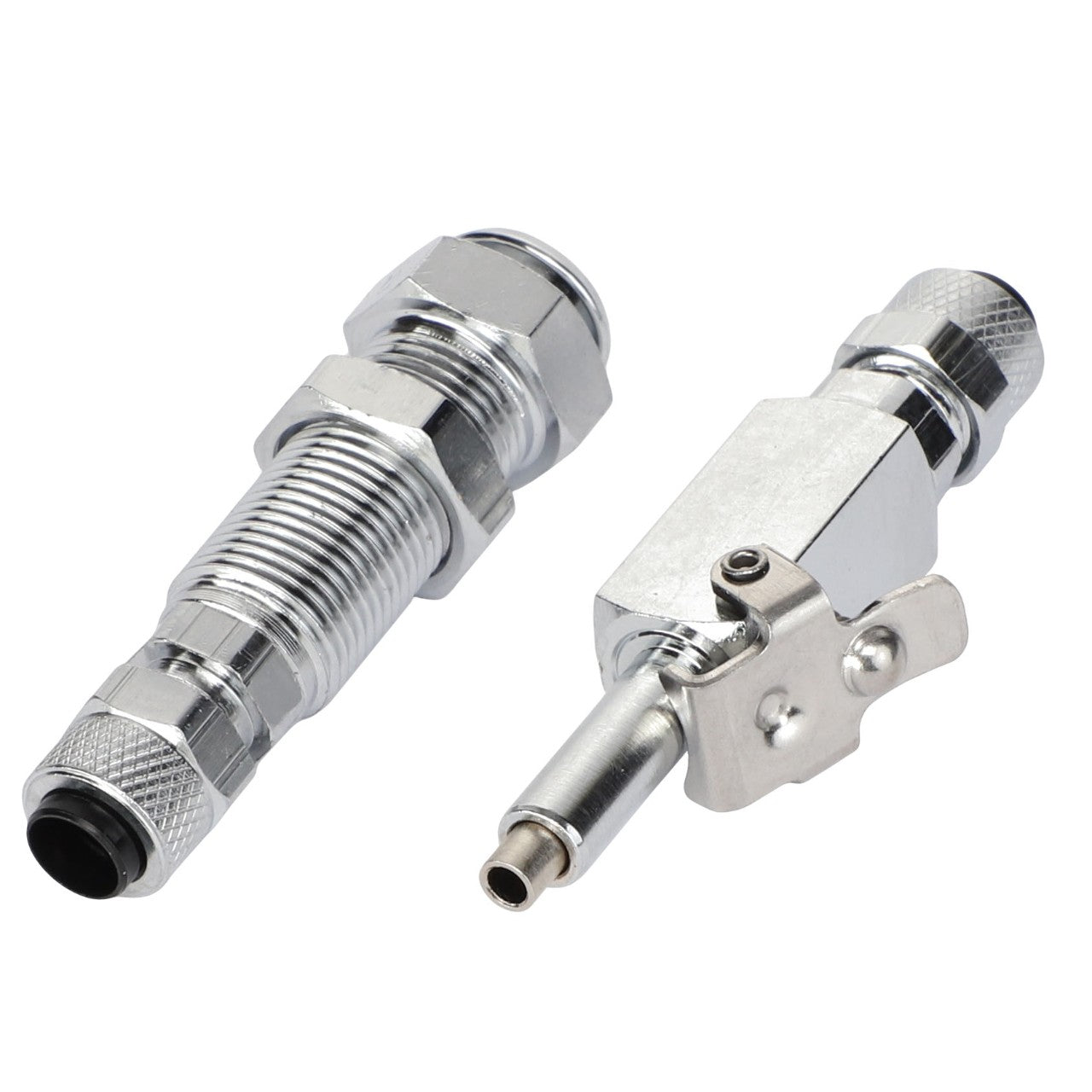 Product Description: The AGCO | COUPLER - AG513822 from AGCO includes two metal pneumatic connectors with threaded bodies and hexagonal fittings, one of which features an attached lever control.