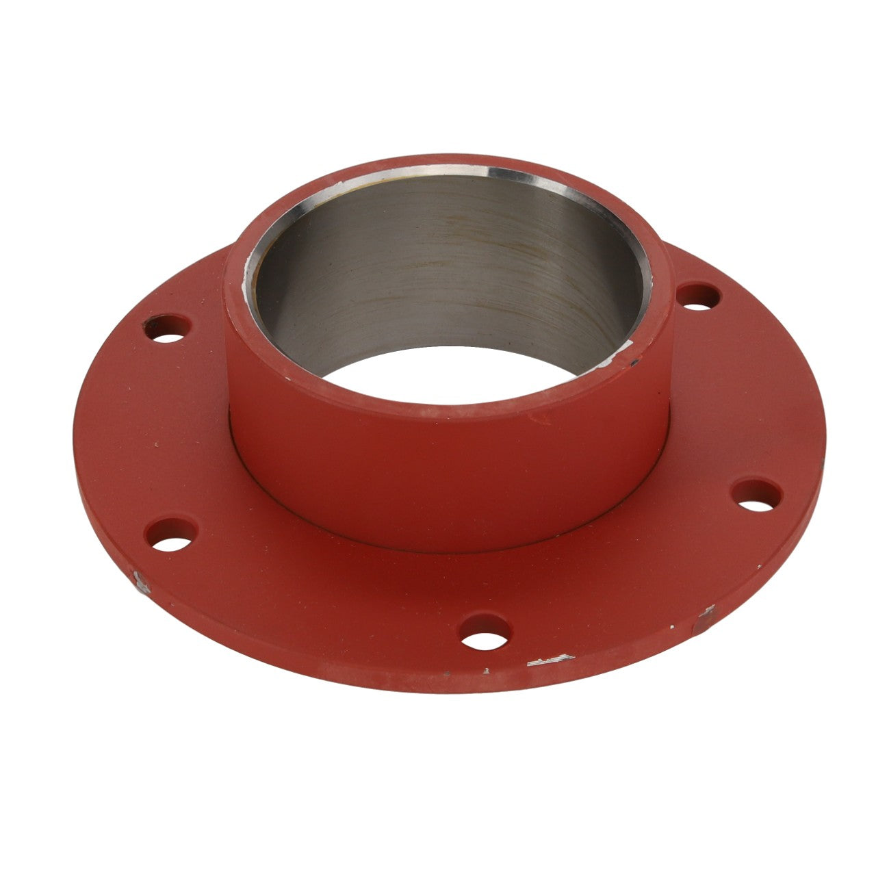 No current product description matches the intricacy of the AGCO | BEARING ASSY - D28580027, a red circular metal flange featuring five bolt holes and a cylindrical hollow center.