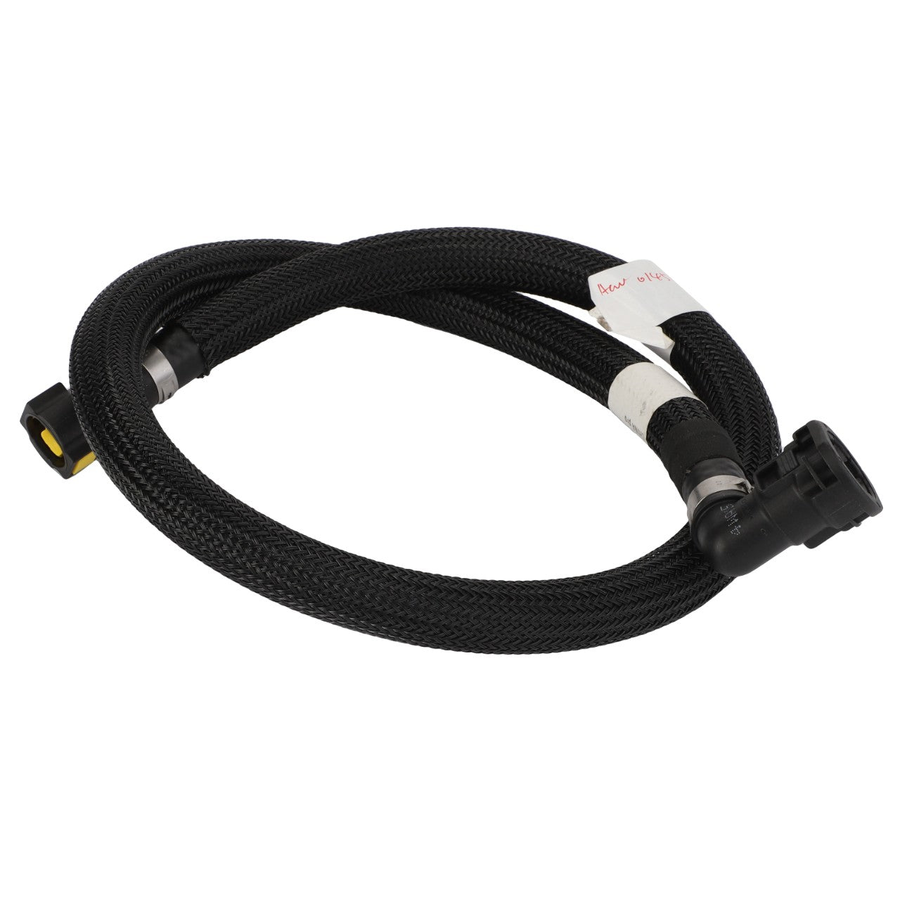 Coiled black braided hose with connectors on each end, featuring a white label attached near one of the connectors. No current product description available. Product Name: AGCO | Hose - Acw014542A Brand: AGCO.