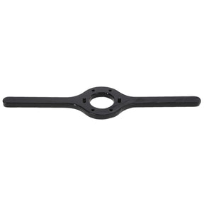 Introducing the AGCO Spanner Wrench (AG703968), a black metal tool featuring a circular center and two straight arms extending outward horizontally.