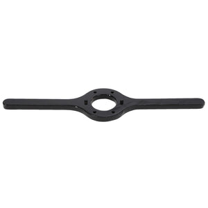 Introducing the AGCO Spanner Wrench (AG703968), a black metal tool featuring a circular center and two straight arms extending outward horizontally.