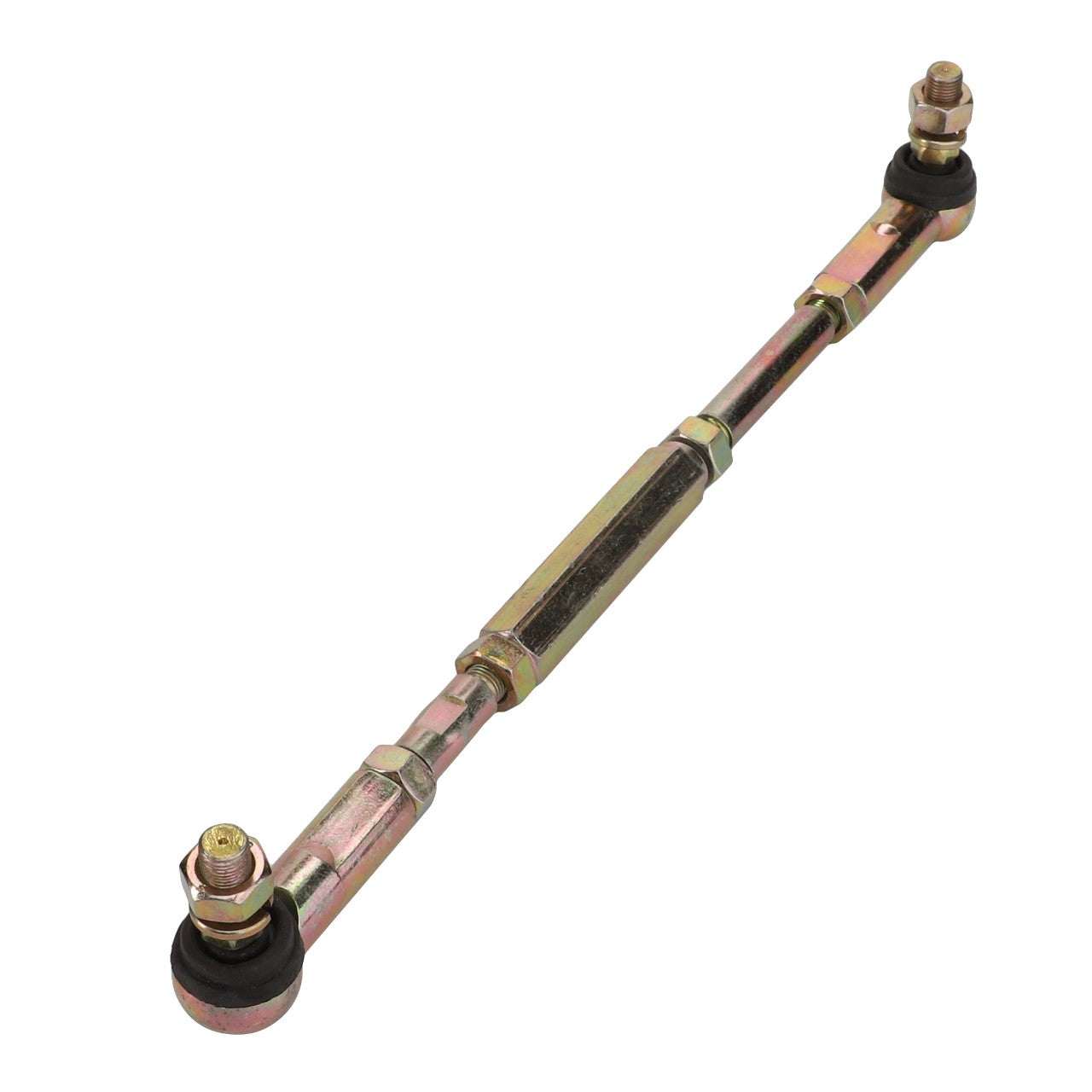 The AGCO | TIE ROD - ACY1132980 is a high-quality metallic adjustable rod featuring two spherical joints at each end, designed for use in automotive or machinery applications to efficiently connect and stabilize components.