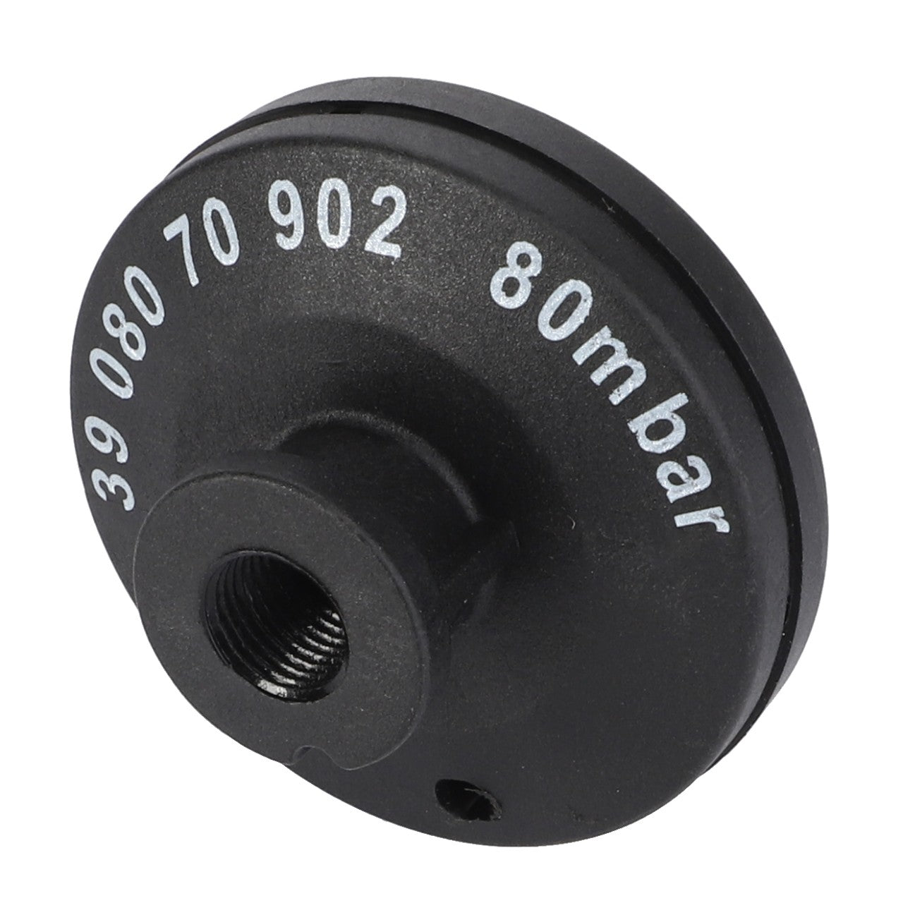 A small, black, cylindrical component labeled with "39 080 70 902" and "80mbar," resembling a part you'd find in Massey Ferguson or Fendt machinery. This component, featuring a threaded opening at the center, is the AGCO Sensor, Pressure - 3808462M1.