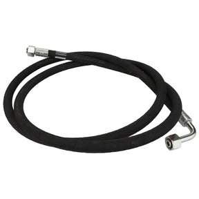 An AGCO black, coiled rubber hose with sturdy metal fittings on both ends is engineered for efficient fluid transfer applications, identified by the warning decal ACP0544130.