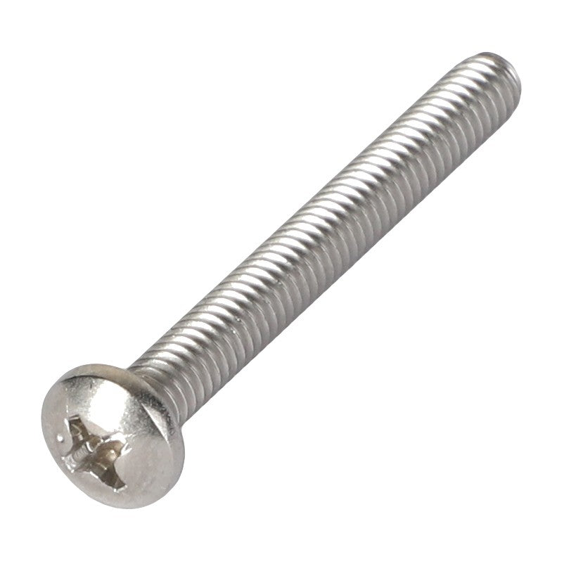 A close-up image of the shiny, silver AGCO MACHINE SCREW - AG718270 featuring a round head and Phillips drive. No current product description information is available.