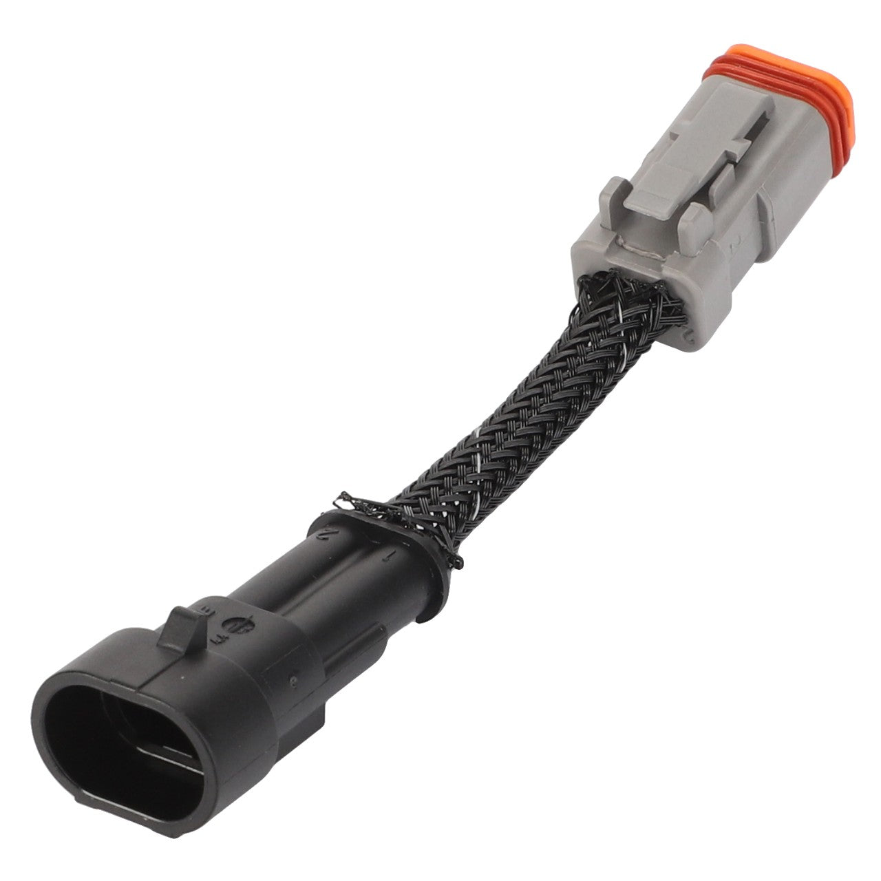 The AGCO | Harness - Acp0246380 by AGCO is a sleek electrical connector in black and gray, featuring a durable black braided wire sheath.