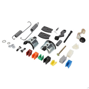 A collection of automotive components for Massey Ferguson Models, including springs, brackets, bolts, washers, and colored plastic clips like those found in the AGCO Repair Kit for Steering Lever (3907402M91), are arranged on a white background.