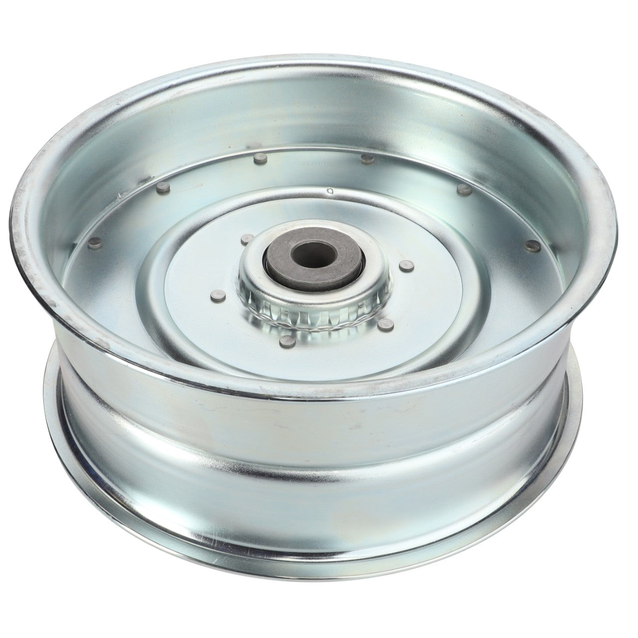 The AGCO Pulley, Idler - Acw1114820, a metal wheel hub featuring a central axle hole and flanged edges, is displayed against a white background. Currently, there is no additional product description information available.