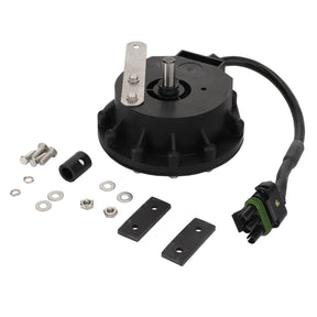A black mechanical component identified as the AGCO Application Rate Sensor (model Acw3737890), featuring an attached cable and connector, is surrounded by various nuts, bolts, washers, and mounting plates, carefully arranged on a white surface. Unfortunately, no current product description information is available.