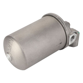 The AGCO Fuel Filter - F281200060031 is a metallic, cylindrical filter equipped with an attached mounting bracket and threading for connections, designed to meet the robust standards of Valtra and Massey Ferguson machinery.