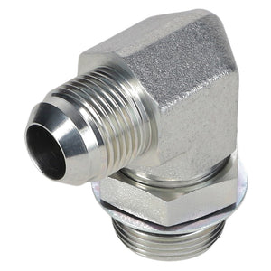 An AGCO ELBOW - AG561028, a metallic, angled pipe fitting with threaded ends, featuring a 90-degree bend and a male JIC connector.