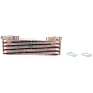 A rectangular, multi-layered metal heat exchanger, specifically the AGCO Oil Cooler - F530200230390, with two green gaskets beside it on a white background.