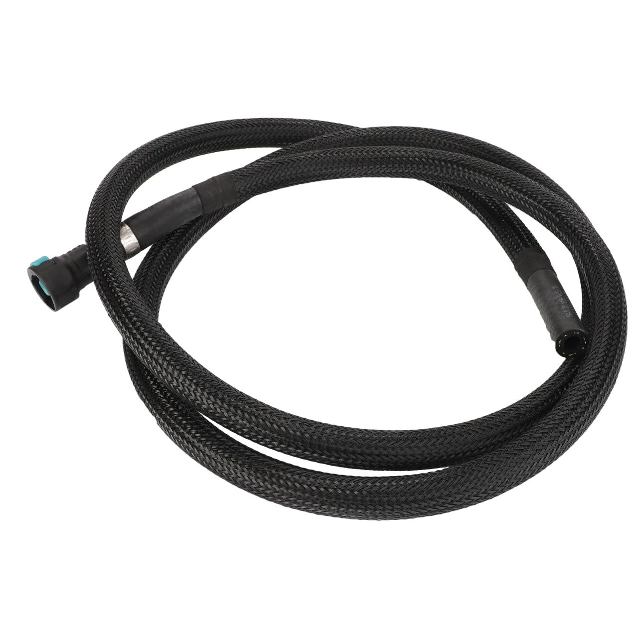 A coiled black braided AGCO Coolant Hose - Acw2345350 with connectors at both ends, lying on a white background.