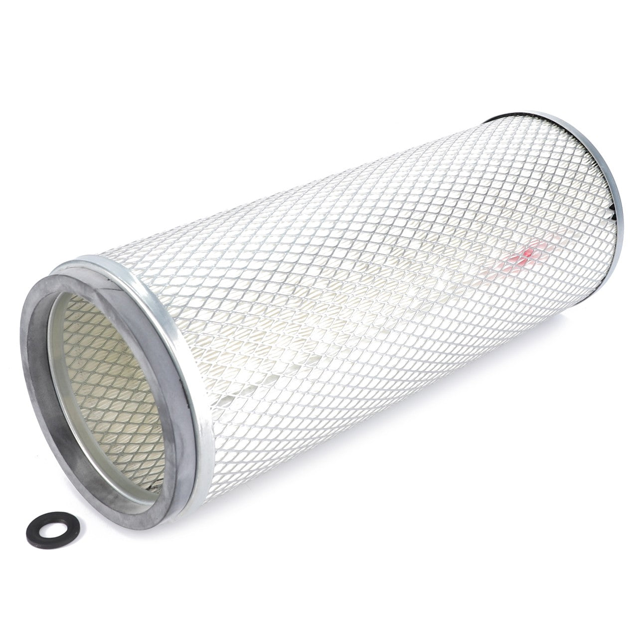 An AGCO Engine Air Filter Cartridge (La1930792) with a silver mesh exterior and metal rims at each end is displayed on a white background. Accompanying it is a small black rubber ring that ensures enhanced filtration efficiency and engine protection.