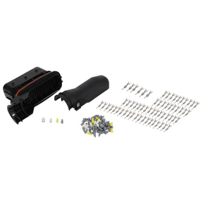 AGCO's Disconnection Point Kit with Connector Pins (F339900950060), featuring multiple small parts and connectors and compatible with Fendt Vario models, meticulously arranged on a white background.