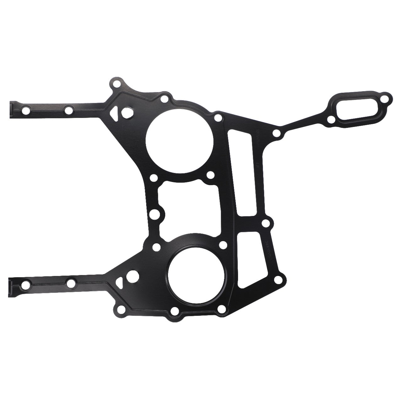 The AGCO | Gasket - 4226378M1 by AGCO is a black, intricately-shaped automotive gasket featuring multiple holes and connectors, designed for compatibility with Fendt models.