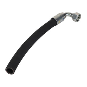 The AGCO Hydr. Hose - Acw0166680 is a versatile black rubber hose that features a metal fitting at both ends, with one straight and the other angled.