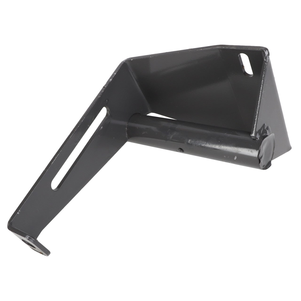 The AGCO | Support - Acx2464560 is a black metal bracket featuring an angled design and multiple openings for versatile mounting options.