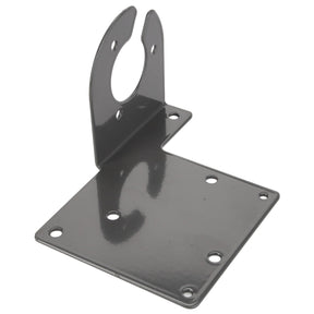 The AGCO Bracket - Acw1379720 is a robust metallic mounting bracket with a flat base, featuring six precisely placed screw holes. The upright section boasts two elegantly curved prongs and a single circular cutout, ensuring secure and versatile usage.