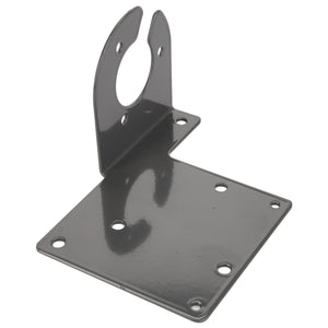 The AGCO Bracket - Acw1379720 is a robust metallic mounting bracket with a flat base, featuring six precisely placed screw holes. The upright section boasts two elegantly curved prongs and a single circular cutout, ensuring secure and versatile usage.