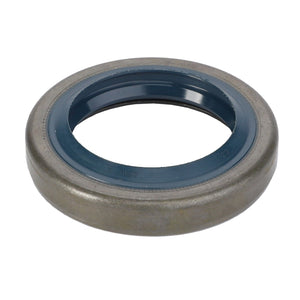 The AGCO Gasket, Cutting Blade Hub - D45412000 is a circular metallic oil seal with a blue inner ring, designed to meet high-performance demands and prevent leaks in machinery.