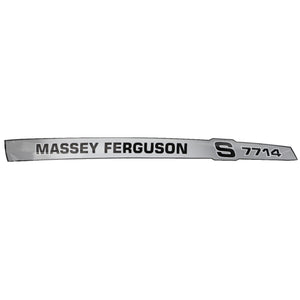 No current product description information is available, but the AGCO Decal - Acw3587260 with the Massey Ferguson S 7714 logo in black and gray on a metallic background speaks volumes.