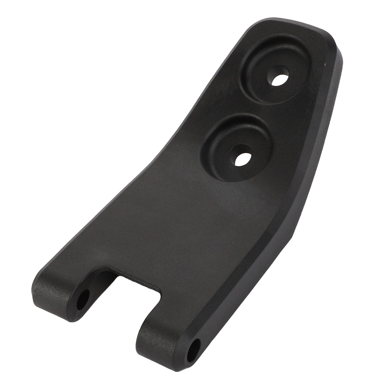 The AGCO Hinge, Right Hand - Acw313842B is a black metal bracket featuring three mounting holes: two situated on a flat surface and one on an elevated end with a U-shaped bottom. Unfortunately, there is no additional product description information currently available.