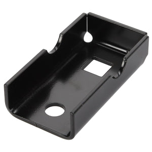 No current product description information is available for the AGCO CLAMP - D28981332, a black, rectangular metal bracket featuring two circular mounting holes and one square cutout in the center.