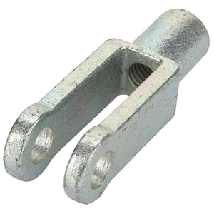 The AGCO | YOKE - ACY1500010 is a metallic clevis bracket with a cylindrical body that includes a threaded section and two parallel prongs with eyelets, although specific applications are not provided.