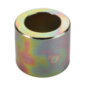 The AGCO Bushing - 1117878 is a cylindrical metal spacer featuring a hollow center and a reflective, iridescent surface similar to bronze bushings.