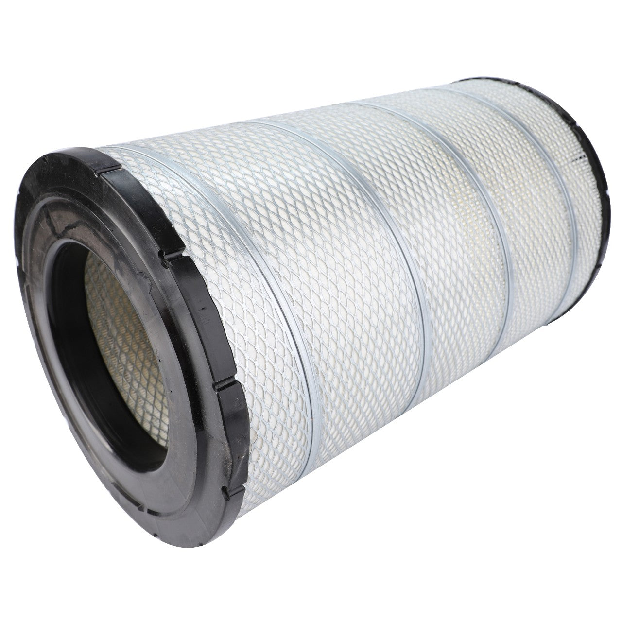 The AGCO Engine Air Filter Cartridge - AG122230 features a cylindrical design with black plastic ends and a white mesh body, optimizing filtration efficiency to protect your engine in various machinery or vehicles.