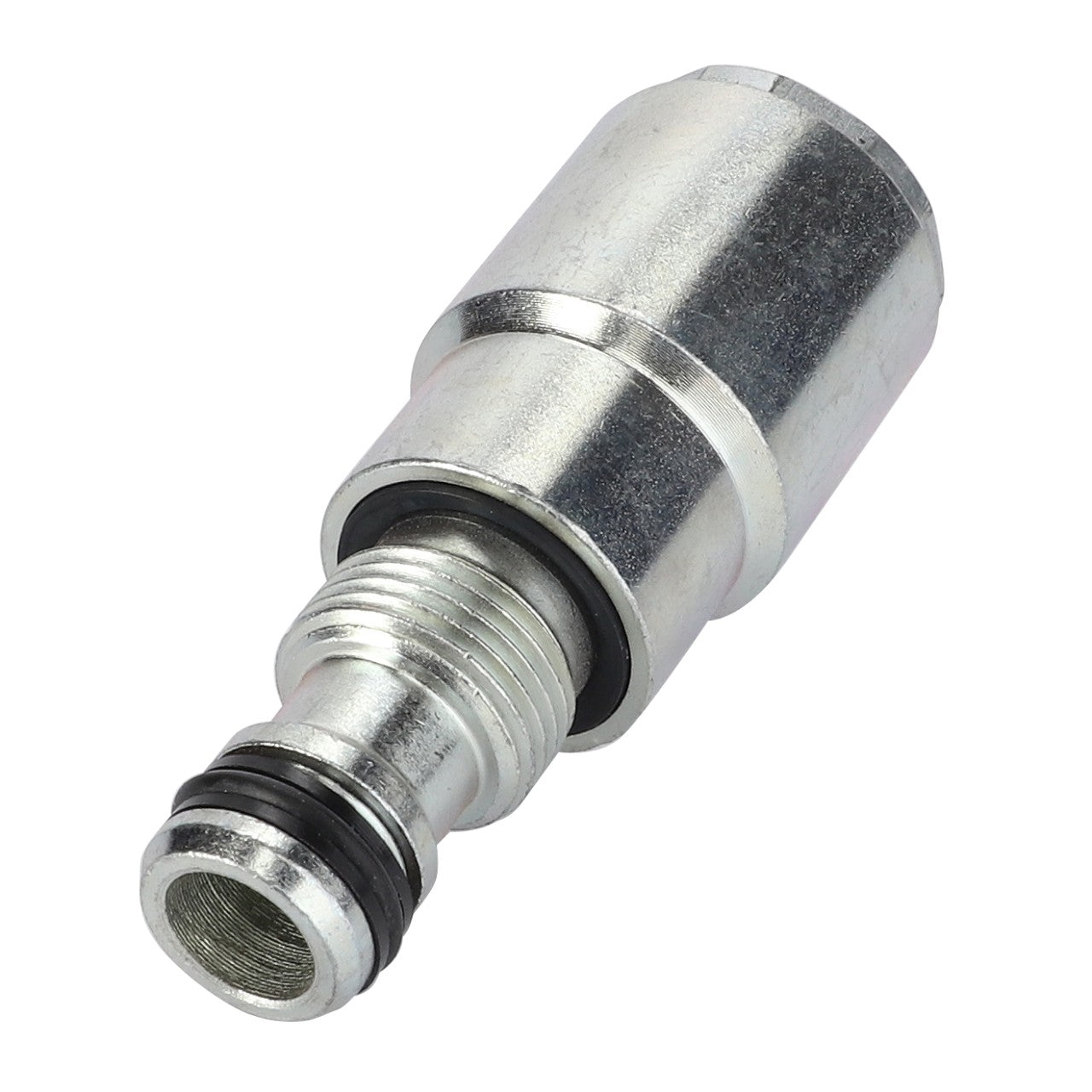 Close-up image of the AGCO | ADAPTER - AL11120622 by AGCO, showcasing a sleek metallic quick-connect fitting with a threaded end and an O-ring for sealing, specifically designed for secure hydraulic or pneumatic connections.