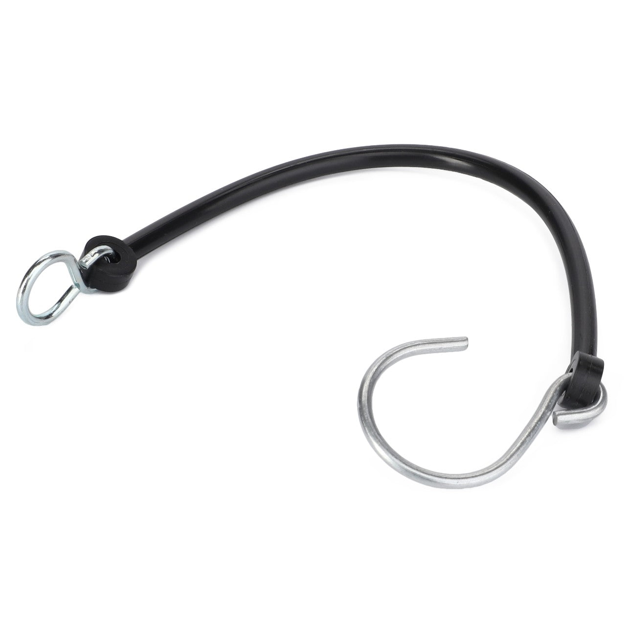 Introducing the AGCO | Cord - Fel111895: a reliable black bungee cord featuring sturdy metal hooks on each end. Brought to you by AGCO, ensuring durability and strength for your securing needs.