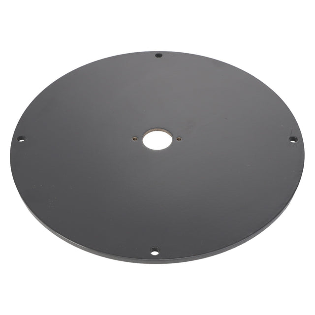 No existing product description encapsulates the straightforward design of the AGCO | Kingpin Plate - Acw4243500 by AGCO, a round black metal plate featuring a central hole and four smaller holes evenly spaced near the edges.