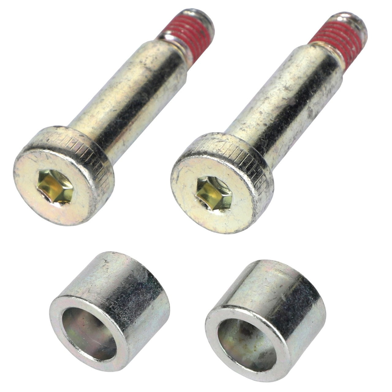 Two metallic hex socket head cap screws with red threadlock on the tips, and two cylindrical metal spacers from the AGCO KIT, SCREW - ACP0636850. No current product description available.