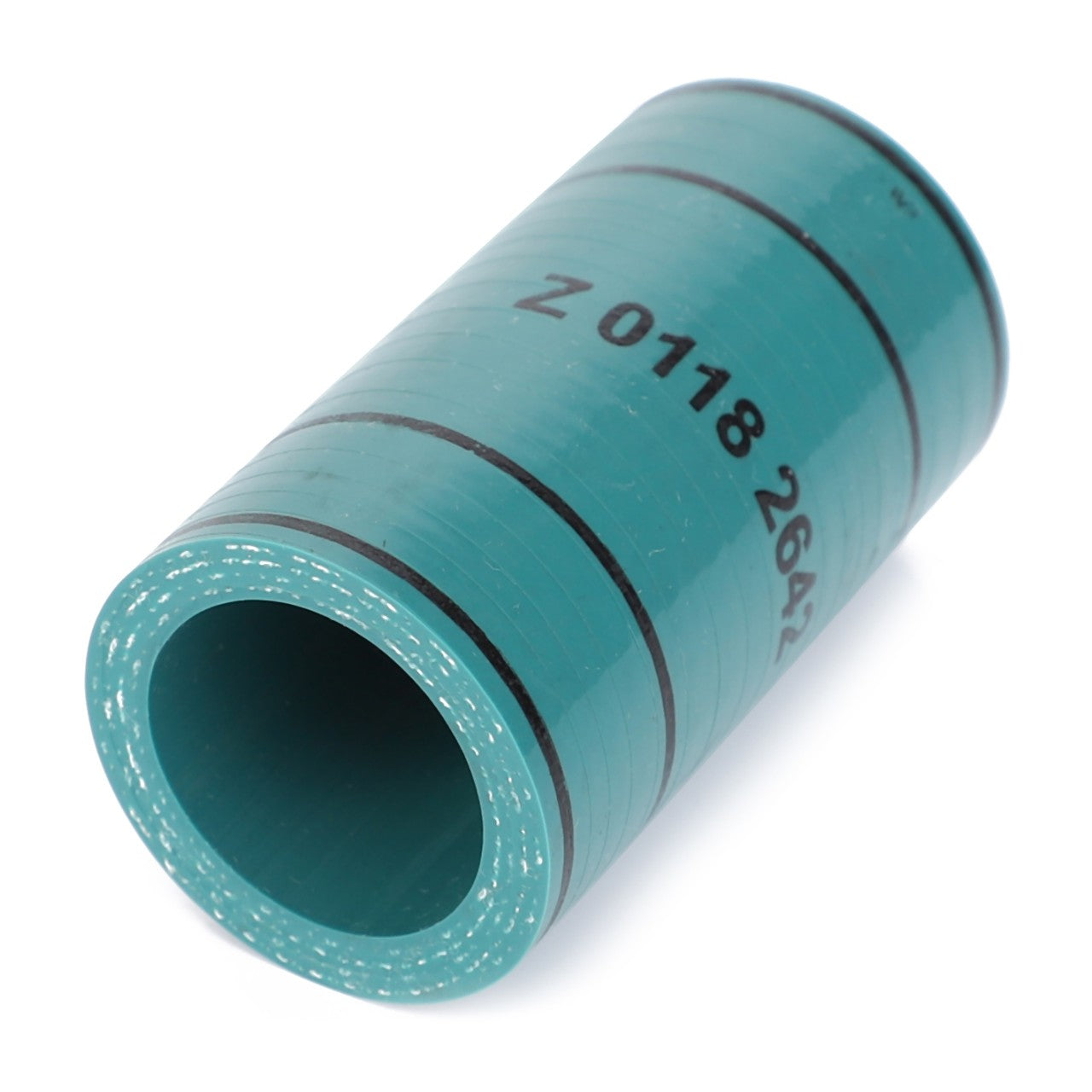 The AGCO Hose, For Coolant - F743200610040 is a high-quality cylindrical teal-colored tube featuring black rings and a sequence of numbers and letters printed on its surface.