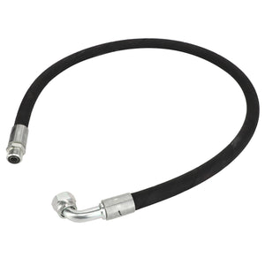 The AGCO Hydraulic Hose - Acw3130650 by AGCO is a rubber hose equipped with metal connectors at both ends—one connector is straight, while the other is bent at a 90-degree angle. Further details about the product are currently unavailable.