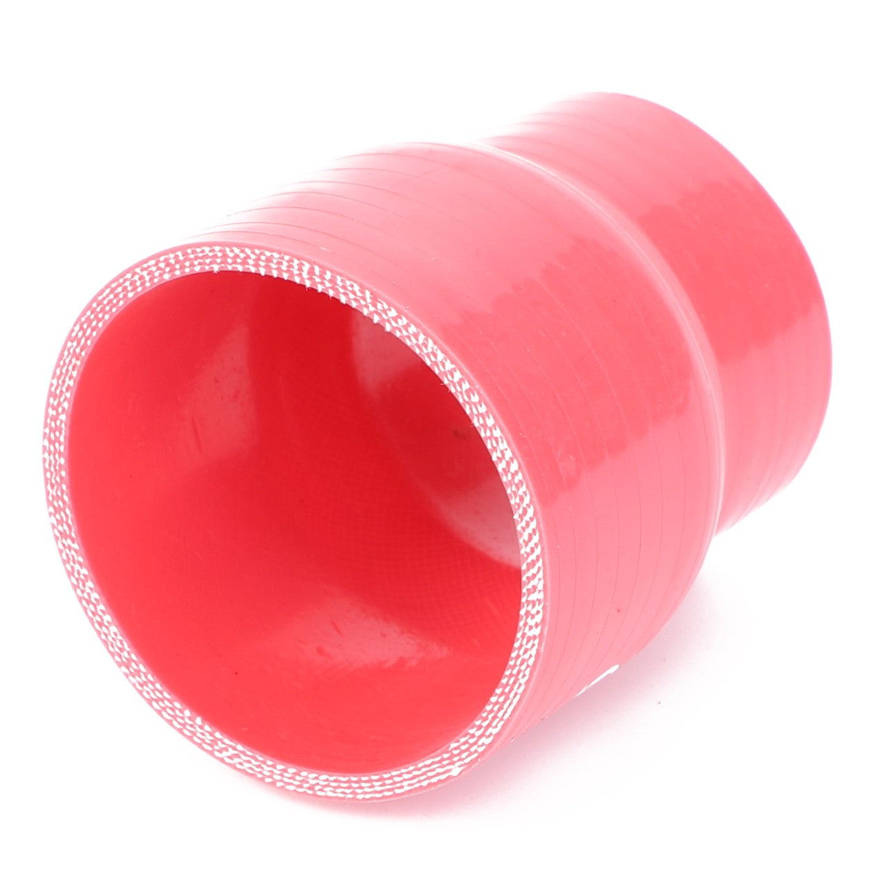 The AGCO | Hose, For Air - 3786440M3 is a red, flexible aramide-reinforced silicone hose connector featuring a smooth, glossy finish and a ribbed texture in the middle, specifically designed for automotive engine compartments or industrial use.