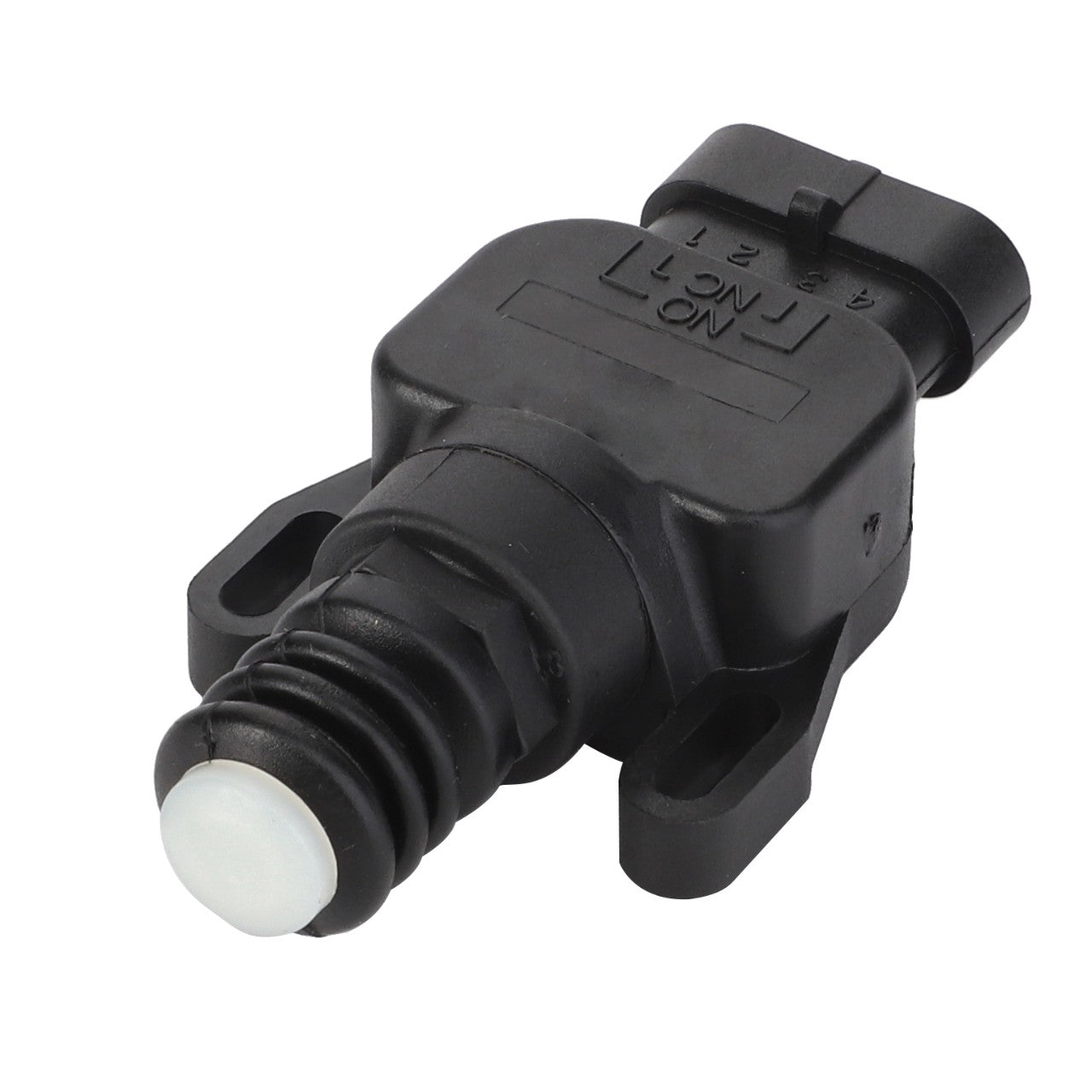 Close-up view of the AGCO Switch - Acp0420700, a black automotive sensor with a cylindrical white tip, featuring mounting holes and a connector plug at the top.