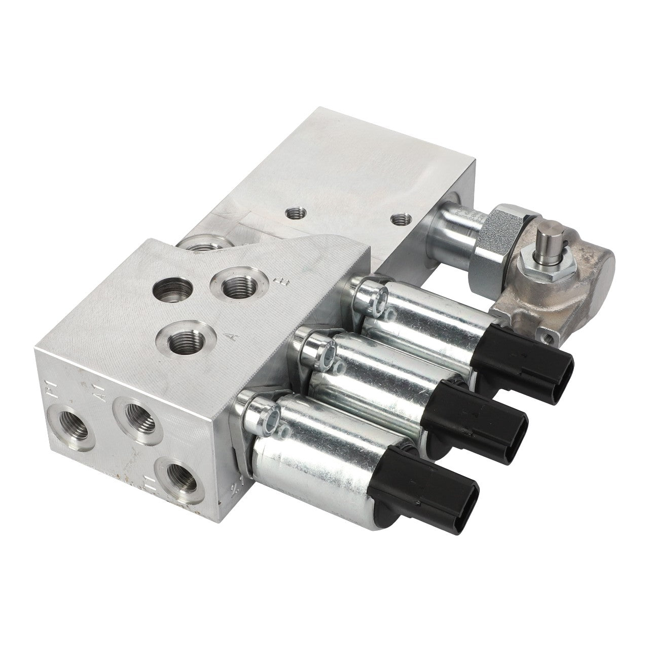 A metallic hydraulic valve assembly, AGCO | Valve - Acp0671660, featuring multiple ports and a combination of metal and plastic components. No current product description available.