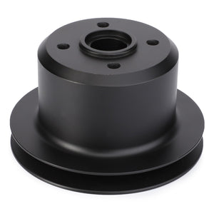 The AGCO Pulley, For Water Pump - 746727M1 is a black two-piece crankshaft pulley featuring four bolt holes for secure attachment, compatible with Massey Ferguson models.