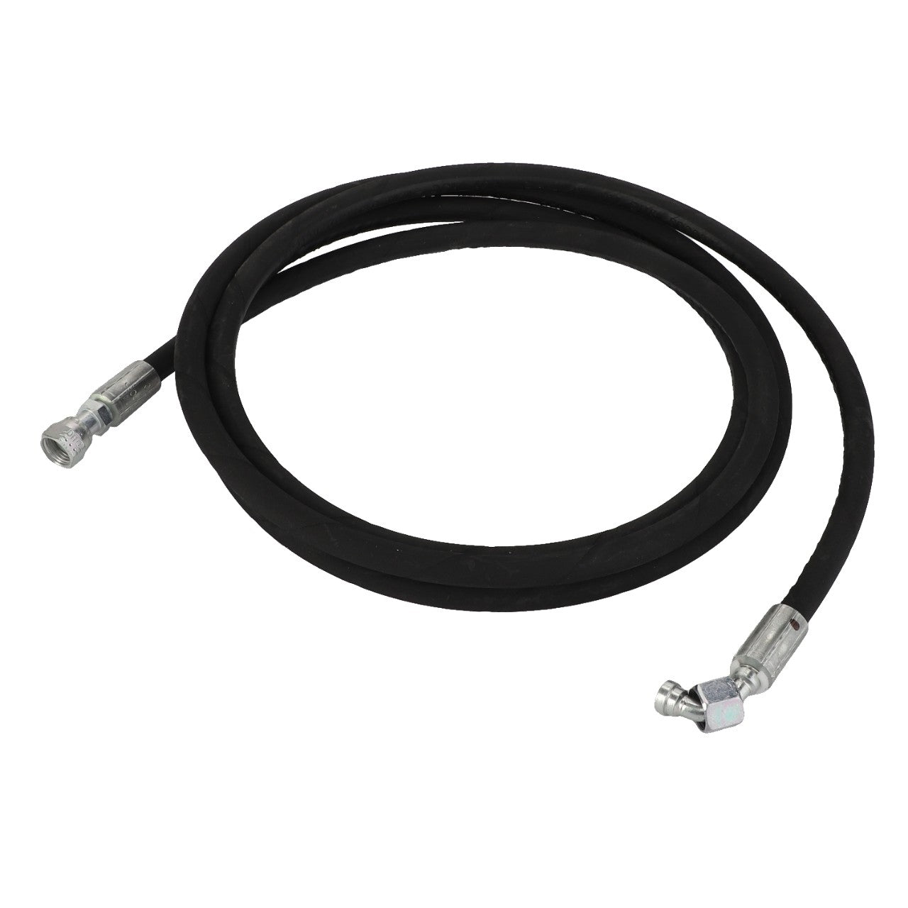 The AGCO | Hydraulic Hose - Acw0928460 is a robust, coiled black hydraulic hose with metal connectors at both ends, meticulously designed for efficient fluid transport in machinery or industrial equipment.