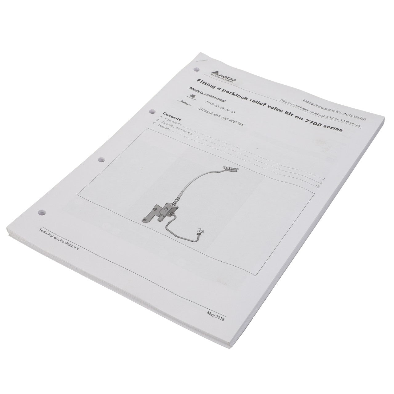 Close-up of a printed manual titled “AGCO | Fit.Instruction - Act0045450.” It shows an image of a valve installation and has several pages neatly bound together with three holes punched.