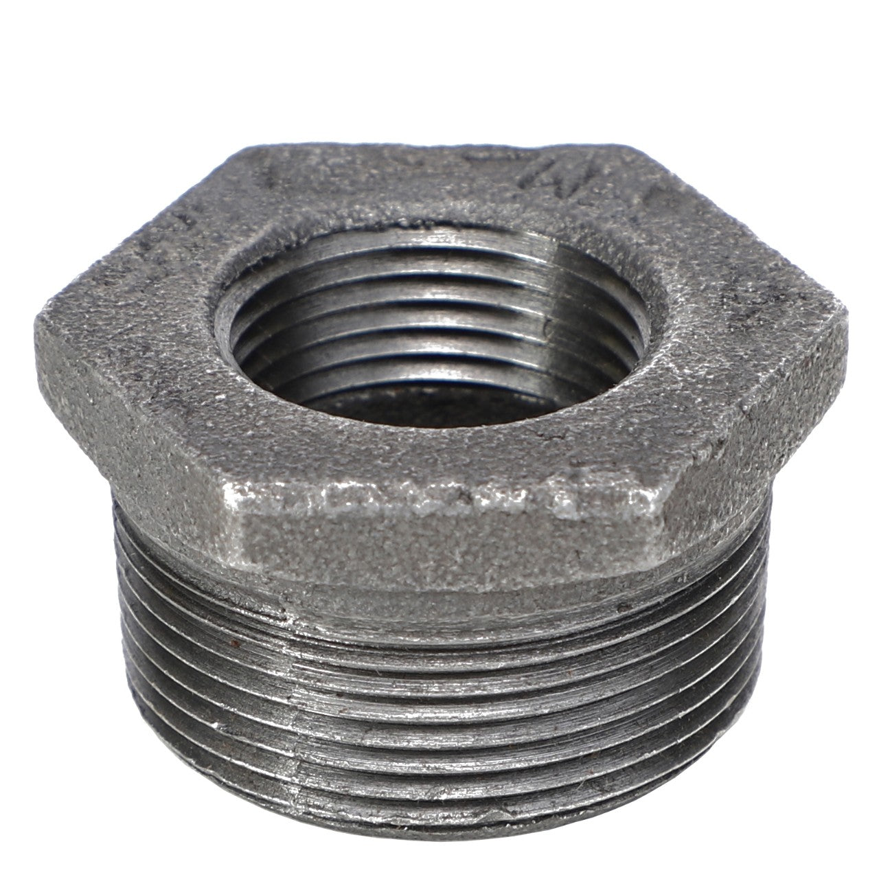 The AGCO BUSH - AG552291 by AGCO is a metal pipe reducer bushing featuring a hexagonal shape and threaded ends, available in a gray finish. No current product description information is available.