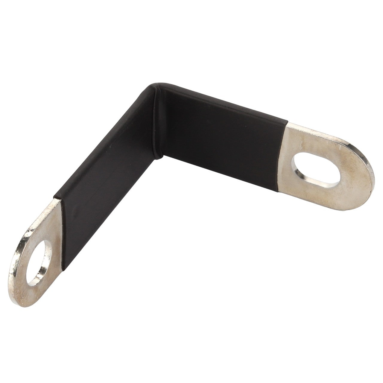 The AGCO | Buss Bar - Acw0843640 is a sturdy metal L-shaped bracket featuring black insulation and designed with two oval holes at each end for secure mounting.