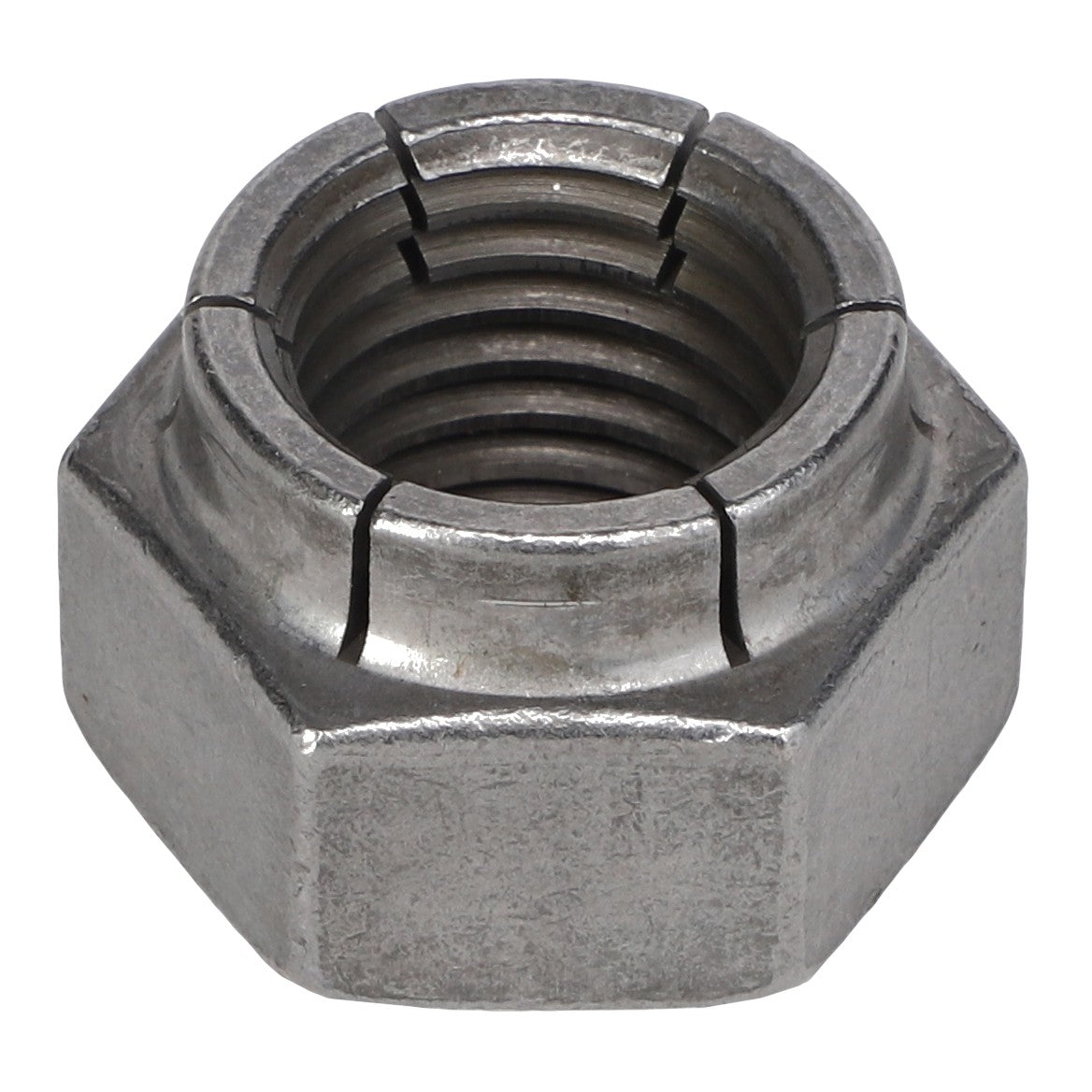 A close-up of the AGCO HEX LOCKNUT - AG516176, showcasing its metallic hexagonal design with internal threading and a smooth surface with no visible notches.