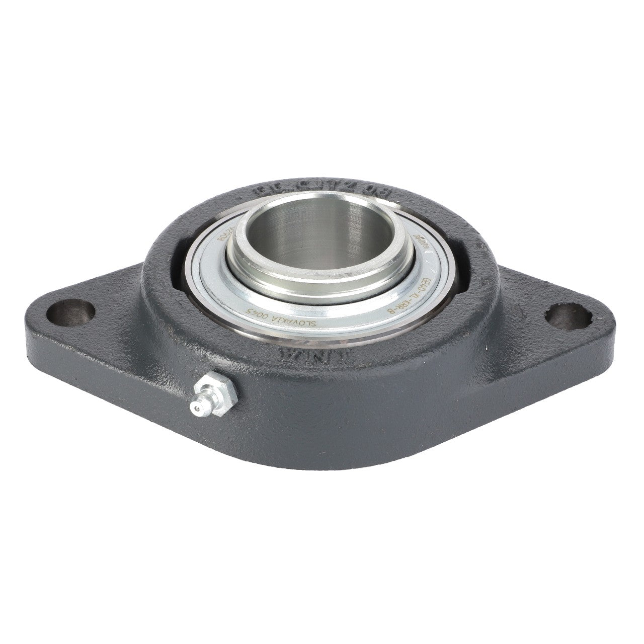 Image of the AGCO Bearing And Flange Assembly - 3789970M2 with a flanged base and a bearing insert in the center, designed for mechanical shaft support and rotation, ideal for Fendt models.